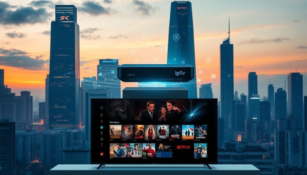 A futuristic cityscape at twilight, with towering skyscrapers bathed in a soft, warm glow. In the foreground, a sleek, angular IPTV box hovers above a minimalist smart TV, their displays showcasing a vibrant array of 4K content. Holographic interfaces flicker and dance around the devices, controlled by intuitive gestures. The background is filled with a blend of traditional architecture and cutting-edge technology, hinting at the seamless integration of IPTV and smart TV capabilities into the urban landscape. The scene exudes a sense of innovation, connectivity, and the promise of a future where entertainment and information are at our fingertips.