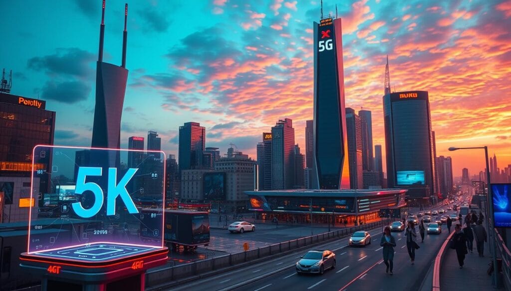 A futuristic cityscape with sleek 5G towers and advanced IPTV infrastructure. In the foreground, a glowing holographic display showcases the seamless streaming of 4K content. The middle ground features a bustling urban landscape with autonomous vehicles and pedestrians immersed in their handheld devices. In the background, a vibrant sky with vibrant hues reflects the innovation and progress of this 5G IPTV future. The scene is bathed in a warm, futuristic lighting, captured with a wide-angle lens to convey a sense of grandeur and technological prowess.