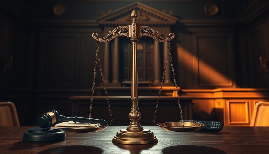 A high-resolution, photorealistic illustration of a courtroom scene with a central focus on the scales of justice, symbolizing the legal balance between IPTV usage and copyright compliance. The scene is bathed in warm, dramatic lighting that casts long shadows, creating a sense of gravitas. The foreground features the scales prominently, with a gavel and legal documents on one side, and a television remote control and IPTV streaming device on the other, visually representing the conflict between technology and copyright law. The middle ground shows a judge's bench in the background, while the rear showcases an imposing, ornate courthouse architecture, reinforcing the judicial setting. The overall mood is one of authority, contemplation, and the need to find a harmonious resolution between technological progress and intellectual property rights.