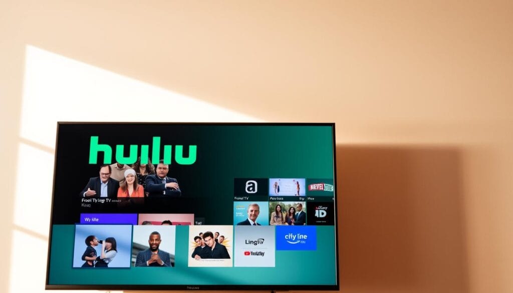 A modern flat-screen television displaying the Hulu + Live TV logo against a clean, minimalist backdrop. The TV is positioned at an angle, casting warm lighting across the scene. The interface showcases a grid of live TV channels and on-demand content, with a sleek and intuitive user experience. The image conveys the convenience and accessibility of the Hulu + Live TV streaming service, highlighting its diverse programming and seamless integration into a modern home entertainment setup.
