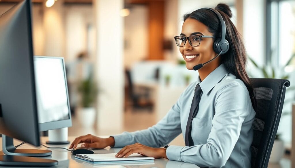 A professional IPTV support agent seated at a desk, handling a customer call. The agent is focused, with a calm and reassuring expression, dressed in a crisp button-up shirt and tie. The desk is neatly organized, with a computer monitor, notepad, and a headset microphone. The background features a softly blurred office environment, with a hint of cubicles and potted plants, conveying a professional, customer-centric atmosphere. The lighting is warm and natural, creating a welcoming and helpful mood. The camera angle is slightly elevated, giving a sense of the agent's attentiveness and willingness to assist the customer.
