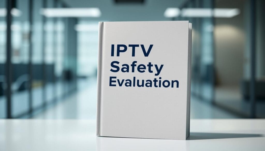 A professional guide titled "IPTV Safety Evaluation" displayed against a clean, corporate backdrop. The guide is presented as a physical booklet with a matte, textured cover in a neutral, authoritative color palette. The booklet is positioned centrally, well-lit from the side to create depth and shadows, conveying a sense of importance and credibility. The background is slightly blurred, hinting at an office environment with subtle architectural elements. The overall mood is one of informative professionalism, providing a visual cue to the reader about the trustworthy nature of the content within.