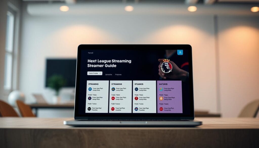 A sleek, minimalist magazine layout showcasing a "Premier League Streaming Subscription Guide". The foreground features a laptop or tablet display with a clean interface highlighting different streaming plan options, prices, and key features in a visually appealing manner. The middle ground depicts a stylized soccer ball or crest, subtly conveying the Premier League theme. The background is a softly blurred, modern office setting with neutral tones, emphasizing the informative, professional nature of the content. Warm, directional lighting creates depth and highlights the key elements. The overall mood is one of clarity, practicality, and sophisticated design, guiding the viewer through the essential information for choosing the right Premier League streaming plan. A sleek, minimalist magazine layout showcasing a "Premier League Streaming Subscription Guide". The foreground features a laptop or tablet display with a clean interface highlighting different streaming plan options, prices, and key features in a visually appealing manner. The middle ground depicts a stylized soccer ball or crest, subtly conveying the Premier League theme. The background is a softly blurred, modern office setting with neutral tones, emphasizing the informative, professional nature of the content. Warm, directional lighting creates depth and highlights the key elements. The overall mood is one of clarity, practicality, and sophisticated design, guiding the viewer through the essential information for choosing the right Premier League streaming plan.