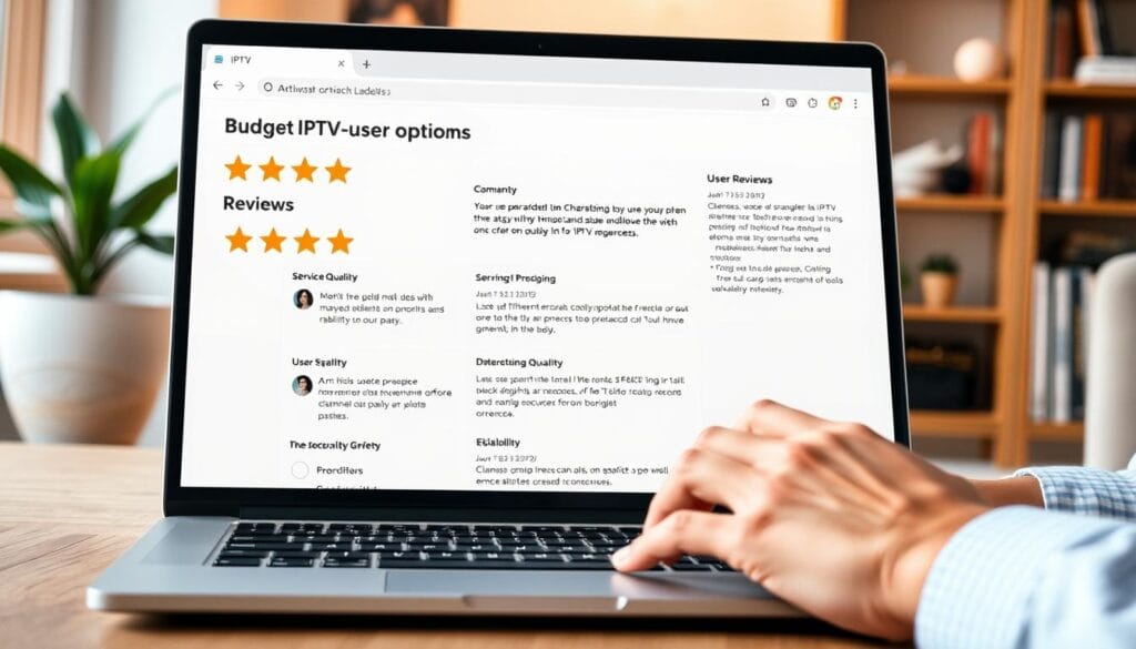A close-up scene of a laptop open to a website displaying user reviews of budget IPTV options, with star ratings visible. In the foreground, a person's hands, dressed in smart casual attire, are typing on the keyboard, showing engagement with the content. In the middle ground, various user reviews are highlighted, featuring comments on service quality, channel variety, and reliability, depicted with realistic layout elements. The background shows a cozy, modern home office with warm lighting, a potted plant, and a bookshelf, suggesting a comfortable atmosphere. The overall mood is informative and inviting, reflecting a positive user experience with IPTV services. Use soft natural lighting to create an encouraging and friendly ambiance, emphasizing accessibility and reliability.
