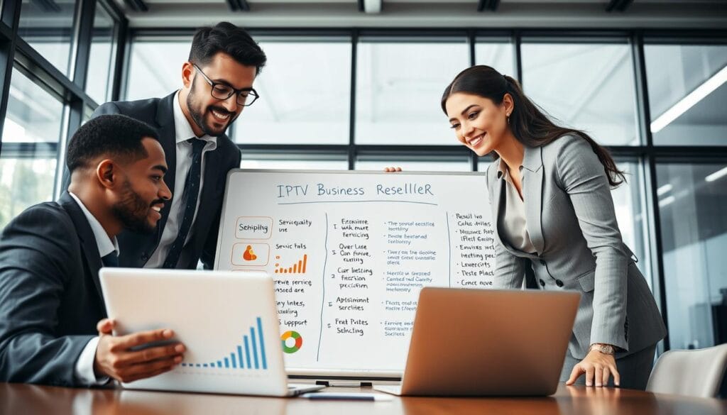 A dynamic business meeting scene illustrating "IPTV Reseller Business Strategy." In the foreground, a diverse group of three professionals in formal business attire—two men and one woman—are engaged in discussion over a sleek laptop, analyzing charts and graphs related to IPTV data. In the middle ground, a large whiteboard displays colorful diagrams and bullet points outlining factors to consider when choosing an IPTV reseller, such as service quality, pricing, and customer support. The background features a modern office environment with large windows, allowing natural light to pour in, creating a bright, focused atmosphere. The angle is slightly overhead to capture the collaborative effort, emphasizing teamwork and strategy development. The overall mood is productive and forward-looking, highlighting the importance of informed decision-making in the IPTV market.