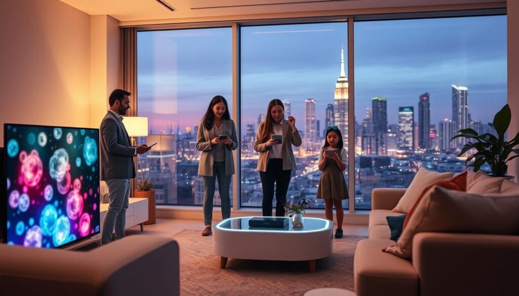 A futuristic living room setting showcasing emerging IPTV technologies. In the foreground, a sleek, modern TV displays vibrant holographic content, surrounded by a minimalist furniture arrangement with a cozy vibe. The middle ground features a family of four, dressed in smart casual attire, interacting with advanced smart devices like handheld tablets and voice-controlled remotes, illustrating an inclusive, engaging viewing experience. The background reveals a large window with a city skyline at dusk, illuminated by neon lights that reflect the advancement of technology. Soft, ambient lighting casts a warm glow, enhancing the atmosphere of innovation and connection. Capture this scene from a slight low-angle perspective to emphasize the modernity of the environment, ensuring a professional and polished look. A futuristic living room setting showcasing emerging IPTV technologies. In the foreground, a sleek, modern TV displays vibrant holographic content, surrounded by a minimalist furniture arrangement with a cozy vibe. The middle ground features a family of four, dressed in smart casual attire, interacting with advanced smart devices like handheld tablets and voice-controlled remotes, illustrating an inclusive, engaging viewing experience. The background reveals a large window with a city skyline at dusk, illuminated by neon lights that reflect the advancement of technology. Soft, ambient lighting casts a warm glow, enhancing the atmosphere of innovation and connection. Capture this scene from a slight low-angle perspective to emphasize the modernity of the environment, ensuring a professional and polished look.