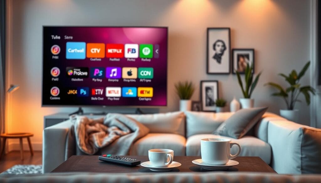 A modern IPTV user interface experience displayed on a sleek flat-screen television in a contemporary living room setting. In the foreground, the TV screen showcases an inviting, user-friendly interface with vibrant icons representing various channels, streaming options, and settings. The middle ground features a comfortable sofa with a cozy blanket draped over it, alongside a stylish coffee table holding a remote control and a steaming cup of coffee. In the background, soft ambient lighting creates a warm atmosphere, highlighting minimalist decor with potted plants and framed artworks. The scene captures a sense of relaxation and enjoyment in the home, emphasizing an intuitive and immersive TV-watching experience. The angle is slightly elevated, focusing on the TV's interface while maintaining the inviting ambiance of the space. A modern IPTV user interface experience displayed on a sleek flat-screen television in a contemporary living room setting. In the foreground, the TV screen showcases an inviting, user-friendly interface with vibrant icons representing various channels, streaming options, and settings. The middle ground features a comfortable sofa with a cozy blanket draped over it, alongside a stylish coffee table holding a remote control and a steaming cup of coffee. In the background, soft ambient lighting creates a warm atmosphere, highlighting minimalist decor with potted plants and framed artworks. The scene captures a sense of relaxation and enjoyment in the home, emphasizing an intuitive and immersive TV-watching experience. The angle is slightly elevated, focusing on the TV's interface while maintaining the inviting ambiance of the space.