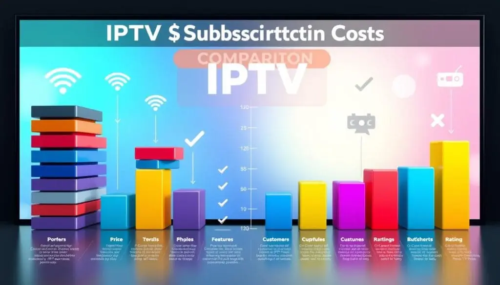 A modern and engaging infographic showcasing a detailed "IPTV Subscription Cost Comparison." In the foreground, place various stacked bar charts representing different IPTV providers, each in distinct colors for clarity. In the middle, integrate comparison icons like dollar signs and check marks that emphasize pricing, features, and customer ratings. The background should feature a soft gradient with shades of blue and green to create a tech-savvy atmosphere, complemented by stylized graphical elements like wifi signals and streaming symbols. Use bright, even lighting to enhance readability, with a slight 3D effect on the charts for depth. The overall mood should be informative and professional, focusing on clarity and visual appeal without any text or branding distractions.