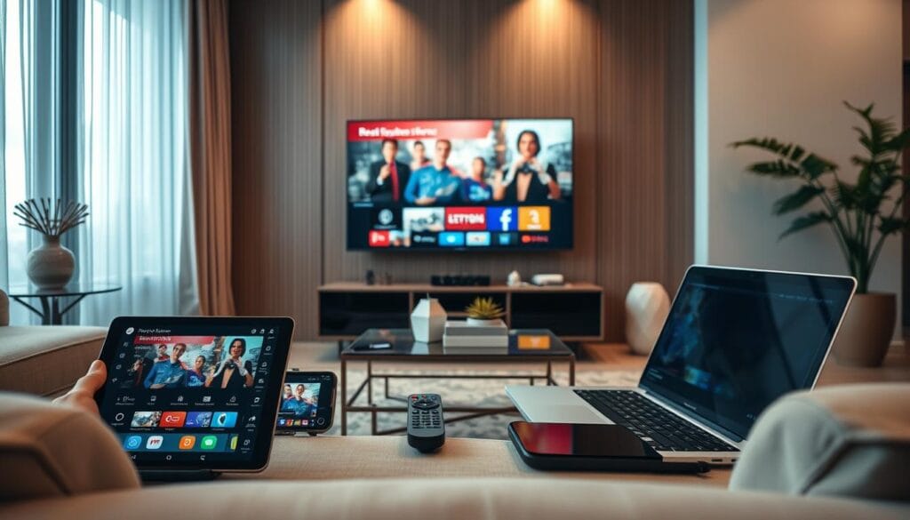A modern living room featuring an array of devices engaged in IPTV multi-device streaming. In the foreground, a sleek smart TV displays vibrant content, while around it, a tablet and smartphone depict the same streaming service interface. In the middle ground, an elegant coffee table holds a remote control and a laptop, highlighting connectivity. The background is a cozy setting with soft ambient lighting, creating a warm atmosphere, complemented by stylish furniture and digital decor. Use a wide-angle lens perspective to capture the harmonious integration of technology in everyday life. The scene should evoke a sense of comfort and sophistication, emphasizing the convenience of watching shows on various devices simultaneously.