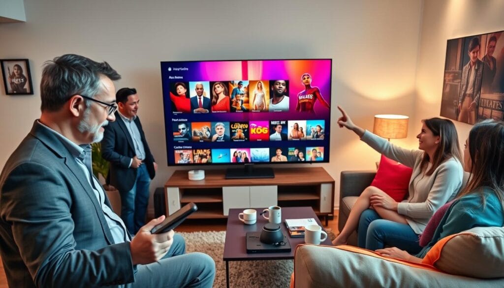 A modern living room scene featuring a diverse group of professionals engaged in exploring various content libraries on IPTV Lux. In the foreground, a middle-aged man in a smart casual outfit browses a sleek tablet while a young woman in business attire gestures enthusiastically towards a large flat-screen TV displaying a vibrant array of movie and show thumbnails. In the middle ground, a stylish coffee table holds cups and tech gadgets, and a cozy couch is adorned with colorful cushions. The background features soft ambient lighting, casting a warm glow, and wall art depicting popular film genres. The atmosphere is collaborative and excited, illustrating the joy of discovering content. The angle includes a slight upward tilt, emphasizing the dynamic engagement of the group.
