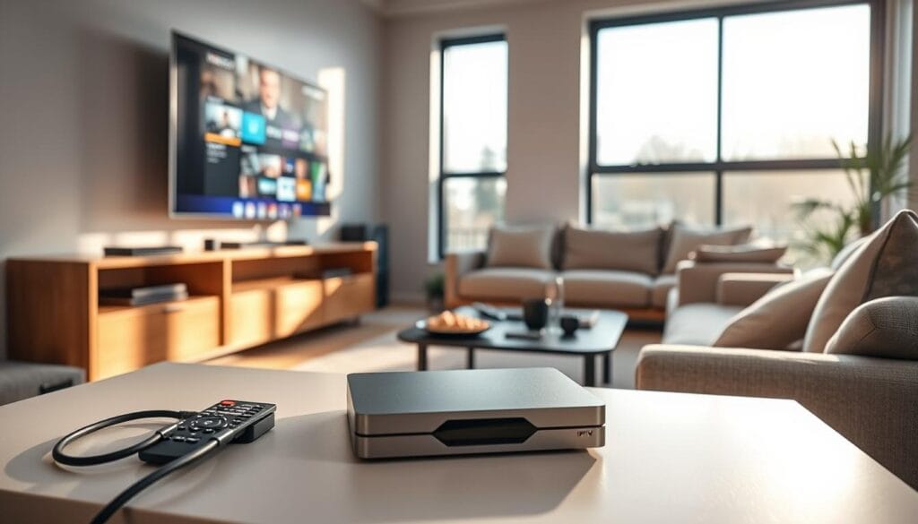 A modern living room setup featuring a Nordic IPTV device prominently displayed on a sleek, minimalist entertainment center. In the foreground, the IPTV device is connected to a large, flat-screen television, displaying vibrant streaming content. A remote control and cable connections are neatly arranged beside the device. In the middle ground, a comfortable sofa with soft cushions occupies the space, and a stylish coffee table holds snacks and drinks, enhancing the cozy atmosphere. The background includes large windows allowing natural light to filter in, casting warm, inviting shadows on the walls. The mood is relaxed and contemporary, ideal for enjoying streaming content. The scene is captured with a slightly angled perspective to emphasize the setup. A modern living room setup featuring a Nordic IPTV device prominently displayed on a sleek, minimalist entertainment center. In the foreground, the IPTV device is connected to a large, flat-screen television, displaying vibrant streaming content. A remote control and cable connections are neatly arranged beside the device. In the middle ground, a comfortable sofa with soft cushions occupies the space, and a stylish coffee table holds snacks and drinks, enhancing the cozy atmosphere. The background includes large windows allowing natural light to filter in, casting warm, inviting shadows on the walls. The mood is relaxed and contemporary, ideal for enjoying streaming content. The scene is captured with a slightly angled perspective to emphasize the setup.