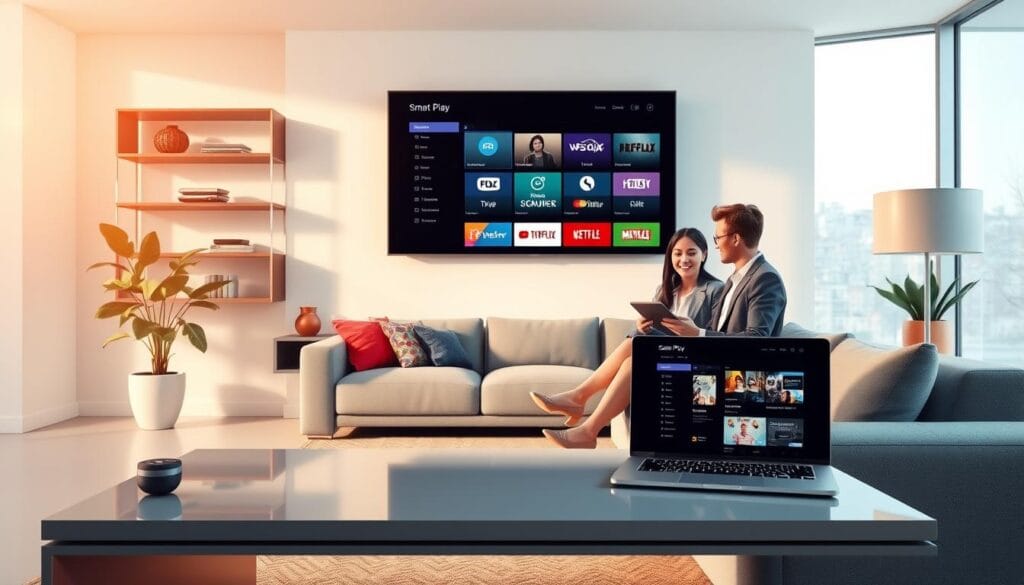 A modern, vibrant illustration of a stylish living room with a large wall-mounted screen displaying various streaming options, symbolizing "Smart Player Streaming Alternatives." In the foreground, a sleek coffee table holds a remote control and a laptop showcasing streaming services. The middle ground features a cozy couch with two people in professional attire, engaged in discussion or browsing options on a tablet. The background includes large windows with soft daylight filtering in, creating a warm and inviting atmosphere. The overall mood is friendly and tech-savvy, emphasizing innovation in streaming technology. The image should have a bright, clean aesthetic, with a focus on clarity and modern design elements.