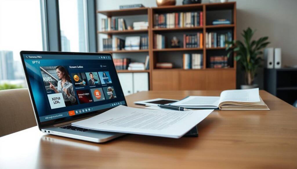 A professional office environment showcasing a modern workstation set up for IPTV streaming. In the foreground, a sleek laptop displays a visually appealing interface with M3U playlists and Xtream Codes. In the middle ground, a well-organized desk holds legal documents, a notepad, and a pen, emphasizing legal considerations. Background elements include a bookshelf filled with technology-related books and a soft-focus window showing a cityscape. The lighting should be bright and inviting, simulating natural daylight, while using a soft focus effect on the background to draw attention to the workstation. The overall mood is professional and informative, designed to convey a serious approach to legal IPTV usage.
