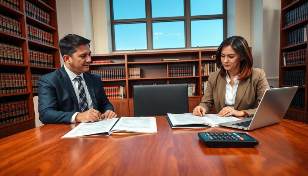 A professional office setting with a sleek wooden desk in the foreground, where a man and a woman in business attire are intently discussing IPTV refund policies. The man, with short dark hair, wears a navy suit and tie, while the woman, with shoulder-length brown hair, wears a beige blazer over a white blouse. On the desk, there are open documents detailing refund policies, a laptop, and a calculator. In the middle ground, a large window reveals a clear blue sky, allowing natural light to illuminate the scene, creating a bright and inviting atmosphere. The background features bookshelves filled with law and technology manuals, emphasizing the seriousness of the discussion. The camera angle is slightly above the desk, offering a clear view of the details and expressions, reflecting a mood of focus and professionalism.