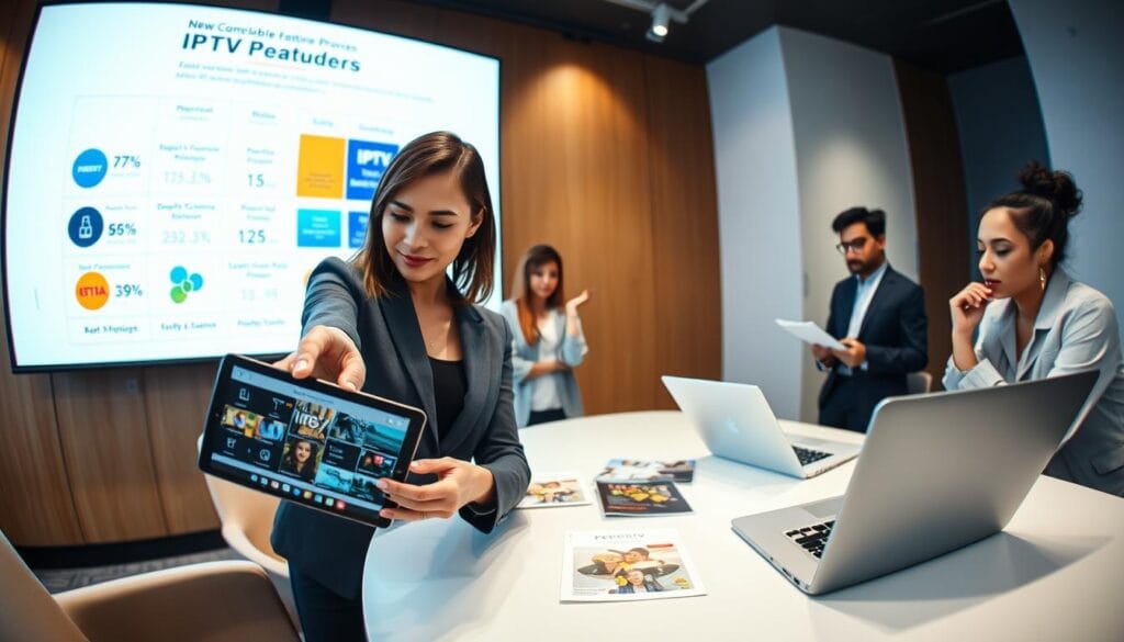 A professional setting showcasing a diverse group of individuals discussing IPTV provider options. In the foreground, a businesswoman wearing smart attire points at a digital tablet, displaying various IPTV features. Beside her, a businessman in casual clothing attentively listens, taking notes on a notepad. In the middle ground, an elegant conference table is adorned with brochures and a laptop highlighting IPTV comparisons. The background features a large screen displaying a colorful infographic about IPTV features, providers, and viewer demographics. The lighting is bright and focused, creating a dynamic and engaging atmosphere, while a fisheye lens effect adds depth to the scene. The mood is informative and professional, inviting viewers to explore their IPTV provider choices.