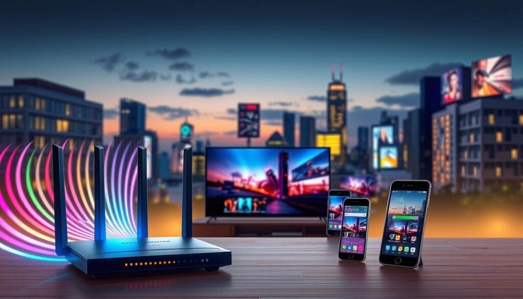 A sleek and modern digital illustration showcasing IPTV streaming internet speed requirements. In the foreground, a high-tech router emits vibrant signals represented by colorful waves, symbolizing fast internet speeds. The middle layer features various devices like a Smart TV, a tablet, and a smartphone, all displaying sharp video quality and loading indicators showing strong connectivity. In the background, a stylized cityscape at dusk with glowing windows and digital billboards conveys a bustling urban environment reliant on technology. The scene is illuminated by soft, warm lights to create an inviting atmosphere. The composition should be balanced with a focus on the devices and router, capturing the essence of connectivity and speed essential for reliable IPTV services. A sleek and modern digital illustration showcasing IPTV streaming internet speed requirements. In the foreground, a high-tech router emits vibrant signals represented by colorful waves, symbolizing fast internet speeds. The middle layer features various devices like a Smart TV, a tablet, and a smartphone, all displaying sharp video quality and loading indicators showing strong connectivity. In the background, a stylized cityscape at dusk with glowing windows and digital billboards conveys a bustling urban environment reliant on technology. The scene is illuminated by soft, warm lights to create an inviting atmosphere. The composition should be balanced with a focus on the devices and router, capturing the essence of connectivity and speed essential for reliable IPTV services.