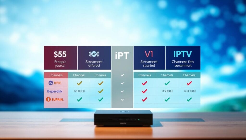 A sleek, modern infographic depicting a comparison of IPTV subscription plans. In the foreground, visually distinct cards or boxes displaying features such as price, channels offered, and streaming quality, each card featuring vibrant icons. The middle ground should include subtle graphical elements like checkmarks and graphs to illustrate differences clearly. The background features a soft-focus digital landscape, evoking technology and innovation, with a gradient of blue and white tones to convey a clean, professional atmosphere. The lighting is bright and evenly distributed, enhancing readability. The overall mood is informative and engaging, ideal for an article about IPTV services. A sleek, modern infographic depicting a comparison of IPTV subscription plans. In the foreground, visually distinct cards or boxes displaying features such as price, channels offered, and streaming quality, each card featuring vibrant icons. The middle ground should include subtle graphical elements like checkmarks and graphs to illustrate differences clearly. The background features a soft-focus digital landscape, evoking technology and innovation, with a gradient of blue and white tones to convey a clean, professional atmosphere. The lighting is bright and evenly distributed, enhancing readability. The overall mood is informative and engaging, ideal for an article about IPTV services.