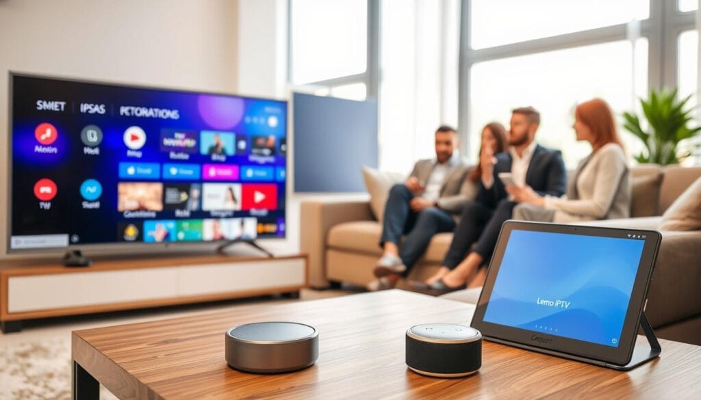 A sleek, modern living room setting showcasing Lemo IPTV's innovative features. In the foreground, a high-definition television displays a vibrant user interface with colorful app icons and interactive content selections. A stylish coffee table hosts a remote control, a tablet with the Lemo IPTV app open, and a smart speaker, emphasizing advanced technology. In the middle ground, a cozy sofa is occupied by a diverse group of three professionals in smart attire, engaged in discussion while accessing content on various devices. The background features large windows that let in warm, soft natural light, creating an inviting atmosphere. The scene conveys excitement and convenience, capturing the essence of modern entertainment technology. A sleek, modern living room setting showcasing Lemo IPTV's innovative features. In the foreground, a high-definition television displays a vibrant user interface with colorful app icons and interactive content selections. A stylish coffee table hosts a remote control, a tablet with the Lemo IPTV app open, and a smart speaker, emphasizing advanced technology. In the middle ground, a cozy sofa is occupied by a diverse group of three professionals in smart attire, engaged in discussion while accessing content on various devices. The background features large windows that let in warm, soft natural light, creating an inviting atmosphere. The scene conveys excitement and convenience, capturing the essence of modern entertainment technology.