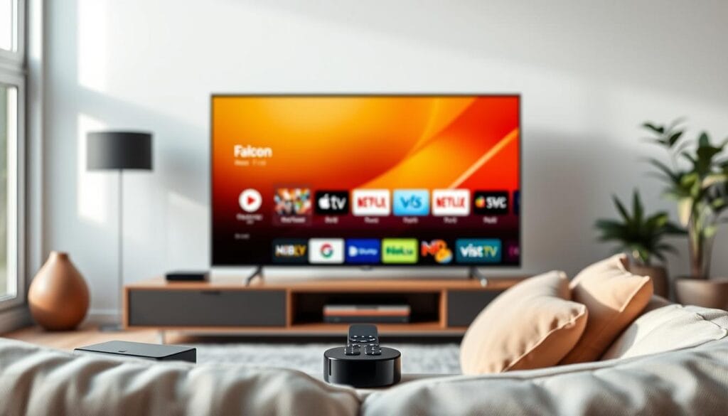 A sleek, modern living room setup showcasing alternative IPTV streaming devices, including a compact Android TV box, a stylish Roku player, and a powerful Apple TV, all arranged on a minimalist TV stand. In the foreground, a high-resolution flat-screen Smart TV displays an inviting Falcon IPTV interface, emphasizing vibrant colors. The middle ground features a cozy sofa with plush cushions, creating a relaxed atmosphere. The background captures a bright, airy space with soft natural light streaming through large windows, casting gentle shadows. The scene is framed with a wide-angle lens to enhance depth, conveying a contemporary, tech-savvy vibe ideal for streaming enthusiasts. A sleek, modern living room setup showcasing alternative IPTV streaming devices, including a compact Android TV box, a stylish Roku player, and a powerful Apple TV, all arranged on a minimalist TV stand. In the foreground, a high-resolution flat-screen Smart TV displays an inviting Falcon IPTV interface, emphasizing vibrant colors. The middle ground features a cozy sofa with plush cushions, creating a relaxed atmosphere. The background captures a bright, airy space with soft natural light streaming through large windows, casting gentle shadows. The scene is framed with a wide-angle lens to enhance depth, conveying a contemporary, tech-savvy vibe ideal for streaming enthusiasts.