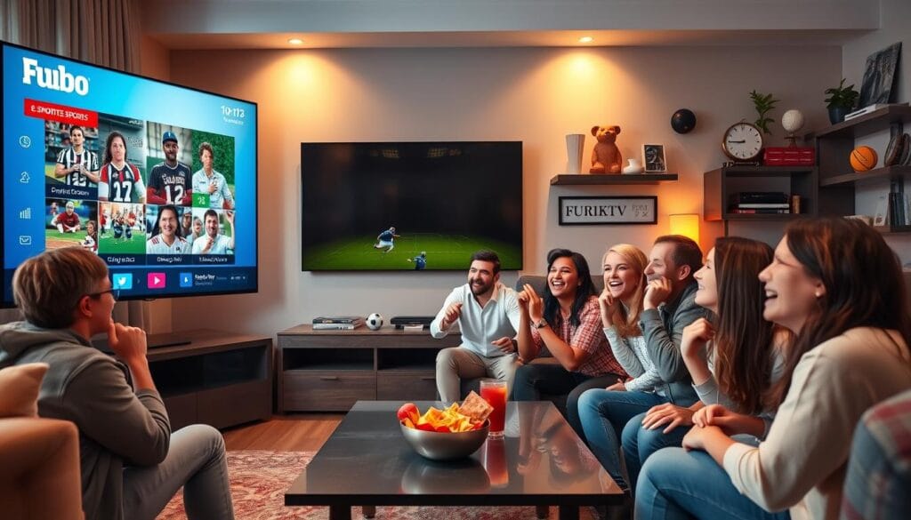 A vibrant living room scene showcasing a large flat-screen television displaying the FuboTV interface, emphasizing sports channels with dynamic graphics. The foreground features a diverse group of sports fans, depicted in modest casual clothing, enthusiastically watching a thrilling game together, their expressions full of excitement and joy. In the middle, a sleek coffee table holds snacks and drinks, adding to the inviting atmosphere. The background shows a tastefully decorated room with sports memorabilia and warm ambient lighting that creates a cozy and energetic mood. The image should be captured with a slight wide-angle view to encompass the lively atmosphere, with soft lighting to enhance the sense of comfort and excitement in the space. A vibrant living room scene showcasing a large flat-screen television displaying the FuboTV interface, emphasizing sports channels with dynamic graphics. The foreground features a diverse group of sports fans, depicted in modest casual clothing, enthusiastically watching a thrilling game together, their expressions full of excitement and joy. In the middle, a sleek coffee table holds snacks and drinks, adding to the inviting atmosphere. The background shows a tastefully decorated room with sports memorabilia and warm ambient lighting that creates a cozy and energetic mood. The image should be captured with a slight wide-angle view to encompass the lively atmosphere, with soft lighting to enhance the sense of comfort and excitement in the space.