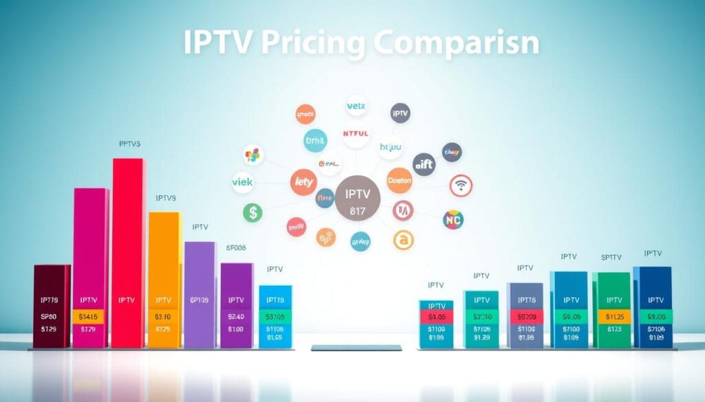 A visually engaging infographic representing "IPTV Pricing Comparison," showcasing a range of IPTV providers with vibrant colors and clear visual icons. In the foreground, sleek bar graphs display pricing tiers of different providers, each labeled with distinctive colors to enhance readability. The middle layer features a stylish layout of several IPTV logos interconnected, symbolizing competition. The background should display a soft gradient, suggesting a modern digital environment, evoking a tech-savvy atmosphere. Use bright, natural lighting to illuminate the infographic, creating a professional yet approachable feel. Capture the essence of comparison with a balanced composition, achieving a clear focus on the pricing information without distractions.