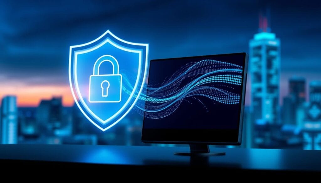 A visually striking digital illustration representing "IPTV Privacy Protection." In the foreground, a sleek digital device displaying a glowing screen with a lock symbol, symbolizing security. In the middle ground, a semi-transparent shield encasing a swirling stream of data, colored in blue and green hues to evoke the idea of digital information flow. The background features a blurred city skyline at dusk, with a high-tech feel, emphasizing an urban environment. Soft focused lighting casts a reassuring glow over the scene, creating a mood of safety and protection. A slight angle from above captures the entire composition, suggesting a watchful eye over privacy. The overall atmosphere conveys vigilance against privacy concerns in the digital age. A visually striking digital illustration representing "IPTV Privacy Protection." In the foreground, a sleek digital device displaying a glowing screen with a lock symbol, symbolizing security. In the middle ground, a semi-transparent shield encasing a swirling stream of data, colored in blue and green hues to evoke the idea of digital information flow. The background features a blurred city skyline at dusk, with a high-tech feel, emphasizing an urban environment. Soft focused lighting casts a reassuring glow over the scene, creating a mood of safety and protection. A slight angle from above captures the entire composition, suggesting a watchful eye over privacy. The overall atmosphere conveys vigilance against privacy concerns in the digital age.