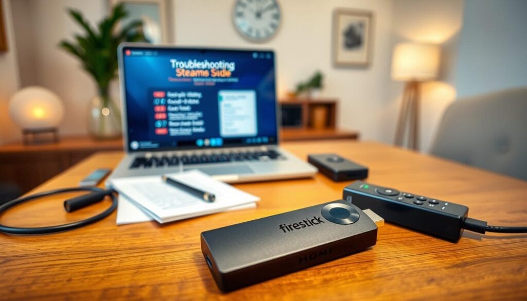 A well-organized workspace focused on troubleshooting FireStick streaming issues. In the foreground, a sleek and modern FireStick device sits prominently on a stylish wooden desk, surrounded by a few essential accessories: an HDMI cable, a remote control, and a notepad with a checklist of common issues. In the middle ground, a laptop showcases a vibrant professional and clean troubleshooting guide displayed on its screen. The background features a softly lit room with an elegant, minimalistic design, warm lighting creating an inviting atmosphere. Emphasize a sense of clarity and efficiency. Use a slight depth of field to keep the focus on the FireStick and accessories while blurring the background subtly, giving the viewer a clear sense of purpose in the image.