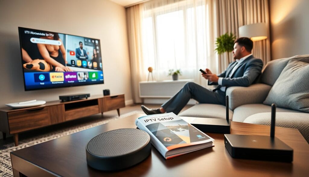 A detailed and visually engaging guide on setting up IPTV in Romania. In the foreground, feature a sleek, modern living room setup with a large smart TV displaying an IPTV interface. A well-dressed professional is sitting on a comfortable sofa, holding a remote control, and looking engaged. In the middle, show a stylish coffee table with a guidebook titled “IPTV Setup” alongside various devices like a router and streaming box. In the background, soft lighting creates a cozy ambiance, with a large window letting in warm daylight, enhancing the inviting atmosphere. Use a wide-angle lens perspective to capture the entire scene in a harmonious composition, evoking a sense of excitement and ease for viewers wanting to unlock endless entertainment. A detailed and visually engaging guide on setting up IPTV in Romania. In the foreground, feature a sleek, modern living room setup with a large smart TV displaying an IPTV interface. A well-dressed professional is sitting on a comfortable sofa, holding a remote control, and looking engaged. In the middle, show a stylish coffee table with a guidebook titled “IPTV Setup” alongside various devices like a router and streaming box. In the background, soft lighting creates a cozy ambiance, with a large window letting in warm daylight, enhancing the inviting atmosphere. Use a wide-angle lens perspective to capture the entire scene in a harmonious composition, evoking a sense of excitement and ease for viewers wanting to unlock endless entertainment.