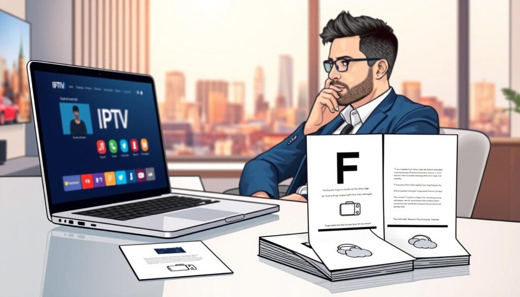 A detailed illustration depicting a serene and professional setting focused on IPTV Frequently Asked Questions in Canada. In the foreground, a sleek, modern desk with a laptop open, displaying a digital interface of IPTV services. Beside the laptop, neatly arranged FAQ cards with icons representing streaming services, like a TV and a cloud. In the middle ground, a comfortable chair with a professional adult dressed in smart casual attire, thoughtfully reviewing the FAQ materials. The background features a soft, blurred view of a vibrant Canadian city skyline, bathed in warm, natural light, creating an inviting atmosphere. The scene conveys a mood of clarity and assurance, suggesting a knowledgeable approach to understanding IPTV services in Canada.