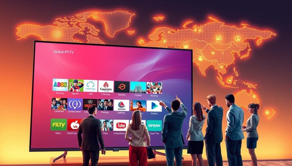A dynamic and visually engaging illustration representing global IPTV channels. In the foreground, a sleek, modern TV screen displaying a vibrant menu of international channels, featuring colorful thumbnails from various cultures, such as news, sports, and entertainment. In the middle ground, a diverse group of individuals, dressed in professional attire, are gathered around the TV, eagerly discussing content and pointing at the screen, reflecting cooperation and excitement. The background showcases an abstract world map illuminated with glowing icons indicating different countries, symbolizing global access to entertainment. Soft, warm lighting highlights the scene, creating an inviting atmosphere. The angle is slightly elevated, giving a view of both the characters and the impressive screen, enhancing the mood of connectivity and endless possibilities in entertainment. A dynamic and visually engaging illustration representing global IPTV channels. In the foreground, a sleek, modern TV screen displaying a vibrant menu of international channels, featuring colorful thumbnails from various cultures, such as news, sports, and entertainment. In the middle ground, a diverse group of individuals, dressed in professional attire, are gathered around the TV, eagerly discussing content and pointing at the screen, reflecting cooperation and excitement. The background showcases an abstract world map illuminated with glowing icons indicating different countries, symbolizing global access to entertainment. Soft, warm lighting highlights the scene, creating an inviting atmosphere. The angle is slightly elevated, giving a view of both the characters and the impressive screen, enhancing the mood of connectivity and endless possibilities in entertainment.