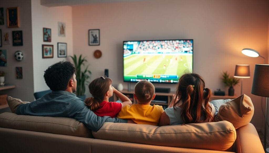 A dynamic living room scene showcasing a family engaging in sports streaming on IPTV. In the foreground, a diverse family of four—parents and two children—are seated on a modern couch, wearing casual yet stylish attire, eagerly watching a live football match on a large flat-screen TV. Their expressions show excitement and joy. In the middle ground, the TV displays vibrant graphics of a sports event, with a scoreboard reflecting an intense game. The background features sports memorabilia on the walls and a cozy ambiance with soft lighting from floor lamps that creates a warm, inviting atmosphere. Capture the energy and enthusiasm of sports viewing, with a focus on connectivity and family togetherness in a contemporary living space.