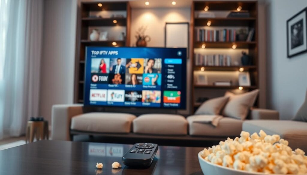 A modern living room scene featuring an Android TV displaying a vibrant menu of top IPTV apps. In the foreground, a sleek coffee table is adorned with a remote control and a bowl of popcorn, suggesting a cozy movie night atmosphere. The middle ground features a comfortable couch with plush cushions, inviting viewers to relax and enjoy entertainment. The background showcases a stylish bookshelf filled with DVDs and decorative items, while soft ambient lighting creates a warm and inviting glow throughout the room. The angle is slightly tilted, giving a dynamic perspective, and the overall mood is inviting and relaxed, perfect for enjoying limitless shows and movies. A modern living room scene featuring an Android TV displaying a vibrant menu of top IPTV apps. In the foreground, a sleek coffee table is adorned with a remote control and a bowl of popcorn, suggesting a cozy movie night atmosphere. The middle ground features a comfortable couch with plush cushions, inviting viewers to relax and enjoy entertainment. The background showcases a stylish bookshelf filled with DVDs and decorative items, while soft ambient lighting creates a warm and inviting glow throughout the room. The angle is slightly tilted, giving a dynamic perspective, and the overall mood is inviting and relaxed, perfect for enjoying limitless shows and movies.