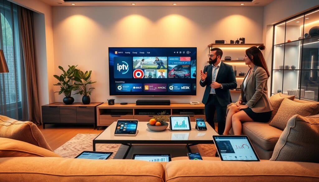 A modern living room setting with an elegant television prominently displaying a futuristic IPTV interface. In the foreground, a diverse group of three individuals, dressed in professional business attire, are engaged in a lively discussion. The middle ground features a stylish coffee table with digital devices like tablets and smartphones, showcasing various IPTV apps and analytics charts. The background reveals sleek shelves with tech gadgets and subscriptions. Warm, ambient lighting creates a cozy atmosphere, while the angle captures an inviting view of the room. The mood conveys excitement and innovation in technology, reflecting consumer trends in IPTV adoption for 2026.