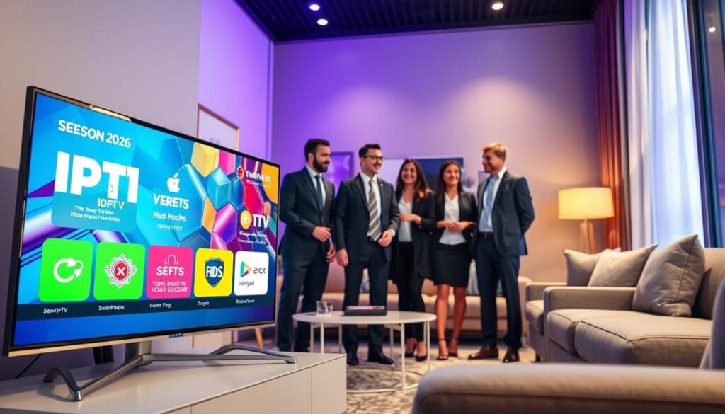 A vibrant and engaging promotional scene showcasing IPTV seasonal promotions for 2026. In the foreground, a sleek modern television displays a visually appealing interface highlighting special offers and discounts, using vivid colors and dynamic graphics. In the middle ground, a diverse group of professional individuals in smart business attire cheerfully discuss and interact with the IPTV setup, reflecting excitement and engagement. The background features a stylish living room with contemporary decor, soft ambient lighting enhancing the inviting atmosphere. The setting captures a sense of optimism and innovation in technology, portraying a future where entertainment is accessible and affordable. The overall mood is lively and positive, emphasizing the value of IPTV in daily life, with a camera angle that slightly angles downwards to add depth. A vibrant and engaging promotional scene showcasing IPTV seasonal promotions for 2026. In the foreground, a sleek modern television displays a visually appealing interface highlighting special offers and discounts, using vivid colors and dynamic graphics. In the middle ground, a diverse group of professional individuals in smart business attire cheerfully discuss and interact with the IPTV setup, reflecting excitement and engagement. The background features a stylish living room with contemporary decor, soft ambient lighting enhancing the inviting atmosphere. The setting captures a sense of optimism and innovation in technology, portraying a future where entertainment is accessible and affordable. The overall mood is lively and positive, emphasizing the value of IPTV in daily life, with a camera angle that slightly angles downwards to add depth.