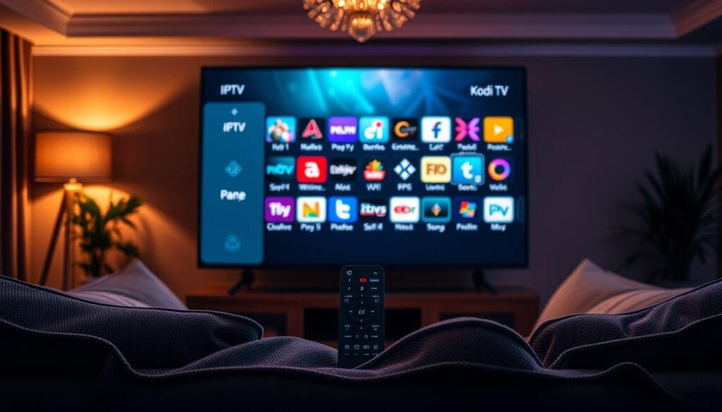 A vibrant and engaging scene showcasing the concept of "Kodi IPTV Add-ons." In the foreground, display a sleek, modern television screen featuring a colorful interface of various IPTV add-ons symbols arranged in a visually appealing manner. In the middle, include a stylish remote control and a comfortable sofa, inviting viewers to sit and enjoy. The background should present a cozy living room setting with dim, warm lighting that creates a relaxed atmosphere. Soft shadows and highlights should emphasize the richness of the colors on the screen. The overall mood is one of excitement and leisure, capturing the essence of entertainment with Kodi IPTV.