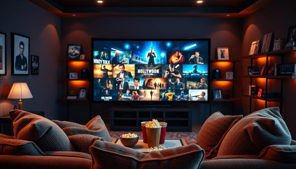 A cozy home theater setting inviting viewers to enjoy Hollywood hits. In the foreground, a comfortable couch adorned with plush pillows sits before a large screen displaying a vibrant montage of iconic Hollywood movie scenes, framed by subtle ambient light. The middle layer features a stylish coffee table with popcorn and drinks, creating a welcoming atmosphere. In the background, dimly lit shelves showcase classic movie memorabilia, enhancing the nostalgic mood. Warm, soft lighting bathes the room, emphasizing a relaxing ambiance perfect for movie nights. The angle captures the inviting scene from a slightly elevated perspective, encouraging a sense of comfort and excitement for streaming blockbuster films. The overall atmosphere is joyful and enticing, drawing viewers into the world of Hollywood cinema. A cozy home theater setting inviting viewers to enjoy Hollywood hits. In the foreground, a comfortable couch adorned with plush pillows sits before a large screen displaying a vibrant montage of iconic Hollywood movie scenes, framed by subtle ambient light. The middle layer features a stylish coffee table with popcorn and drinks, creating a welcoming atmosphere. In the background, dimly lit shelves showcase classic movie memorabilia, enhancing the nostalgic mood. Warm, soft lighting bathes the room, emphasizing a relaxing ambiance perfect for movie nights. The angle captures the inviting scene from a slightly elevated perspective, encouraging a sense of comfort and excitement for streaming blockbuster films. The overall atmosphere is joyful and enticing, drawing viewers into the world of Hollywood cinema.