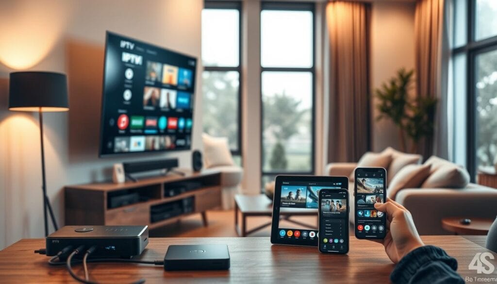 A cozy living room scene featuring a modern IPTV home setup. In the foreground, a sleek TV mounted on the wall displays various IPTV streaming options. A stylish media console underneath holds a streaming device, remote control, and cables neatly arranged. In the middle ground, a comfortable sofa and a coffee table are positioned, with a couple of smart devices like a tablet and smartphone showcasing the IPTV app interface. The background features soft, ambient lighting that creates a warm atmosphere, while natural light filters through large windows, highlighting the room's inviting decor. Use a wide-angle lens perspective to capture the entire setup from an inviting angle, ensuring a professional and accessible ambiance throughout.