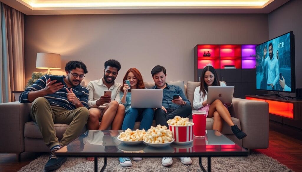 A cozy living room scene showcasing a family enjoying multi-device IPTV streaming. In the foreground, a diverse family of four sits comfortably on a stylish couch, each focused on their own device – a tablet, a smartphone, a laptop, and a smart TV. The middle ground features a sleek coffee table adorned with popcorn and drinks, emphasizing a relaxed atmosphere. The background depicts a modern entertainment unit with colorful light accents, suggesting high-quality technology. Soft, warm lighting illuminates the space, creating an inviting mood. The angle captures the family's interaction with their devices, highlighting the seamless connectivity and entertainment experience. The overall tone is vibrant and contemporary, reflecting a fun, tech-savvy environment. A cozy living room scene showcasing a family enjoying multi-device IPTV streaming. In the foreground, a diverse family of four sits comfortably on a stylish couch, each focused on their own device – a tablet, a smartphone, a laptop, and a smart TV. The middle ground features a sleek coffee table adorned with popcorn and drinks, emphasizing a relaxed atmosphere. The background depicts a modern entertainment unit with colorful light accents, suggesting high-quality technology. Soft, warm lighting illuminates the space, creating an inviting mood. The angle captures the family's interaction with their devices, highlighting the seamless connectivity and entertainment experience. The overall tone is vibrant and contemporary, reflecting a fun, tech-savvy environment.