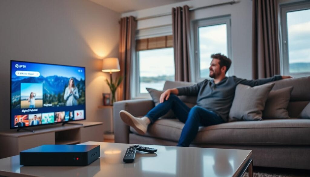 A cozy living room setting showcasing the setup of a Finnish IPTV subscription. In the foreground, a modern flat-screen TV displays vibrant Finnish channels, with a sleek IPTV box and a remote control on a stylish coffee table. The middle ground features a comfortable sofa where a person, dressed in modest casual clothing, is happily navigating through the channels on the screen. In the background, soft ambient lighting creates a warm and inviting atmosphere, with a window showing a glimpse of a tranquil Finnish landscape. The overall mood is relaxed and engaging, highlighting the simplicity and joy of streaming Finnish channels in a personal space. A cozy living room setting showcasing the setup of a Finnish IPTV subscription. In the foreground, a modern flat-screen TV displays vibrant Finnish channels, with a sleek IPTV box and a remote control on a stylish coffee table. The middle ground features a comfortable sofa where a person, dressed in modest casual clothing, is happily navigating through the channels on the screen. In the background, soft ambient lighting creates a warm and inviting atmosphere, with a window showing a glimpse of a tranquil Finnish landscape. The overall mood is relaxed and engaging, highlighting the simplicity and joy of streaming Finnish channels in a personal space.