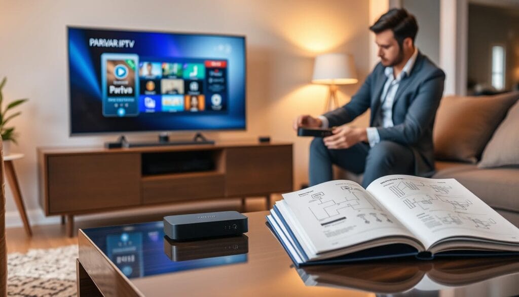 A detailed and informative image for the "Parivar IPTV Installation Guide." In the foreground, feature a modern living room setting with a sleek flat-screen TV displaying the Parivar IPTV interface. A professional individual wearing smart casual attire is actively connecting cables and setting up a streaming device on a stylish entertainment center. In the middle ground, include a coffee table with the installation manual open, showing clear diagrams of the installation process. The background consists of a cozy home atmosphere with warm lighting, perhaps with a window showing a glimpse of greenery outside. Use a shallow depth of field to draw attention to the installation process while maintaining a soft focus on the background, creating a welcoming and helpful mood.