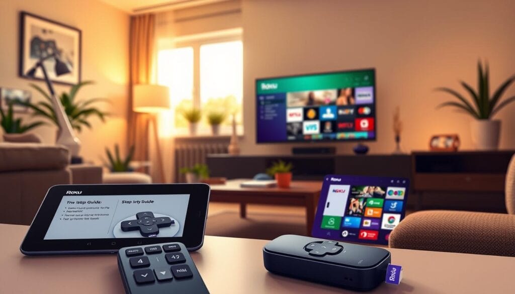 A detailed illustration of a Roku streaming device being set up for IPTV services in a modern living room. In the foreground, the Roku remote control is prominently displayed alongside a tablet showing a step-by-step setup guide. In the middle, a stylish flat-screen TV is connected to the Roku device, with colorful IPTV app icons visible on the screen. The background features a cozy couch and decorative elements like potted plants and a coffee table, illuminated by warm, natural lighting filtering through a window. The perspective is slightly angled to capture the setup process's approachable and user-friendly atmosphere, conveying an inviting and tech-savvy mood.