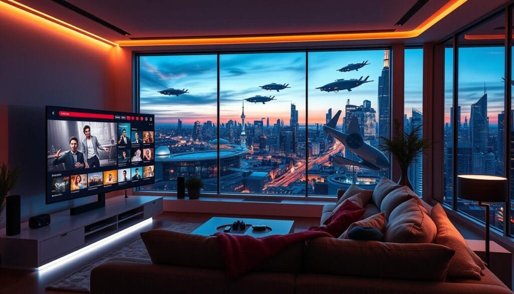 A futuristic living room filled with advanced technology reflecting the future of IPTV and adult content streaming. In the foreground, a sleek, modern TV screen displays a vibrant user interface showcasing various streaming options. In the middle, a cozy couch is surrounded by high-tech gadgets, like smart remotes and virtual reality headsets, suggesting immersive viewing experiences. The scene is bathed in soft, ambient lighting, creating a warm and inviting atmosphere, with a gentle glow radiating from the screen. In the background, a large window reveals a futuristic city skyline illuminated at dusk, with flying vehicles and cutting-edge architecture. The overall mood is one of excitement and possibility, capturing the essence of entertainment innovation.