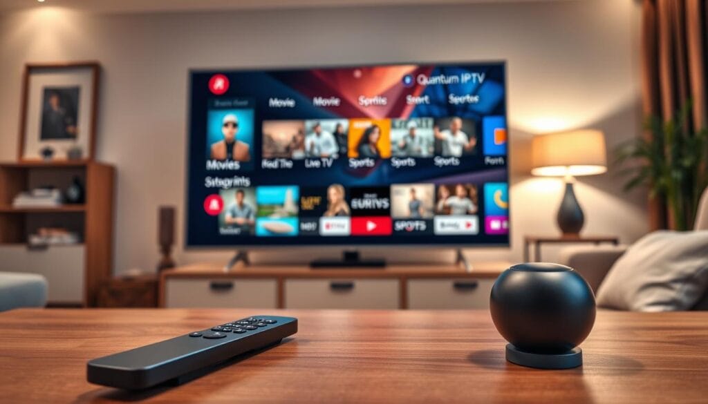 A modern Quantum IPTV user interface displayed on a sleek flat-screen television in a cozy living room setting. In the foreground, a stylish remote control rests on a wooden coffee table, showcasing a minimalist design. The middle layer features the vibrant user interface on the screen, showcasing various dynamic content categories, such as Movies, Live TV, and Sports, in a futuristic style with fluid animations and eye-catching icons. The background captures a warm, inviting atmosphere with soft, ambient lighting, stylish decor, and a plush sofa to enhance the comfort of the viewing experience. Use soft focus and a slightly angled shot to create depth, conveying a high-tech and user-friendly mood. No text or watermarks in the image. A modern Quantum IPTV user interface displayed on a sleek flat-screen television in a cozy living room setting. In the foreground, a stylish remote control rests on a wooden coffee table, showcasing a minimalist design. The middle layer features the vibrant user interface on the screen, showcasing various dynamic content categories, such as Movies, Live TV, and Sports, in a futuristic style with fluid animations and eye-catching icons. The background captures a warm, inviting atmosphere with soft, ambient lighting, stylish decor, and a plush sofa to enhance the comfort of the viewing experience. Use soft focus and a slightly angled shot to create depth, conveying a high-tech and user-friendly mood. No text or watermarks in the image.