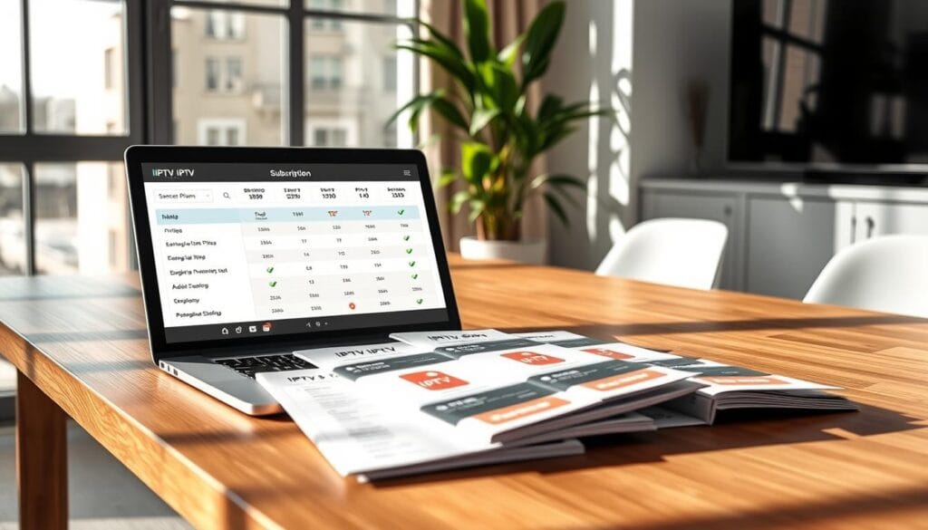 A modern digital workspace featuring an elegant wooden desk with a sleek laptop open to an IPTV pricing comparison chart. On the desk, neatly arranged, are multiple subscription pamphlets showcasing different IPTV plans, with symbols representing various channels and features. In the background, a large window lets in soft natural light, illuminating the room and casting gentle shadows. A potted plant adds a touch of greenery to the scene, reinforcing a professional atmosphere. The angle is slightly tilted to capture both the desk and the background, emphasizing organization and clarity. The mood is informative and inviting, ideal for understanding IPTV pricing structures.