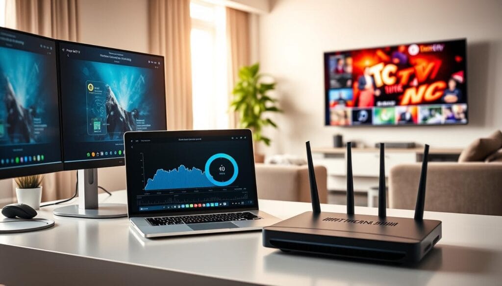 A modern digital workspace showcasing a sleek computer setup with multiple high-resolution monitors displaying IPTV streaming service interface. In the foreground, a stylish laptop shows download speed graphs, emphasizing internet speed requirements for effective IPTV streaming. The middle section features a clean desk with a high-tech router emitting signals, symbolizing strong internet connectivity. The background highlights a comfortable living room with a large TV displaying vibrant streaming content. Soft, natural light filters through a window, casting a warm glow over the scene. The mood is professional and inviting, reflecting a tech-savvy environment conducive to seamless streaming experiences.