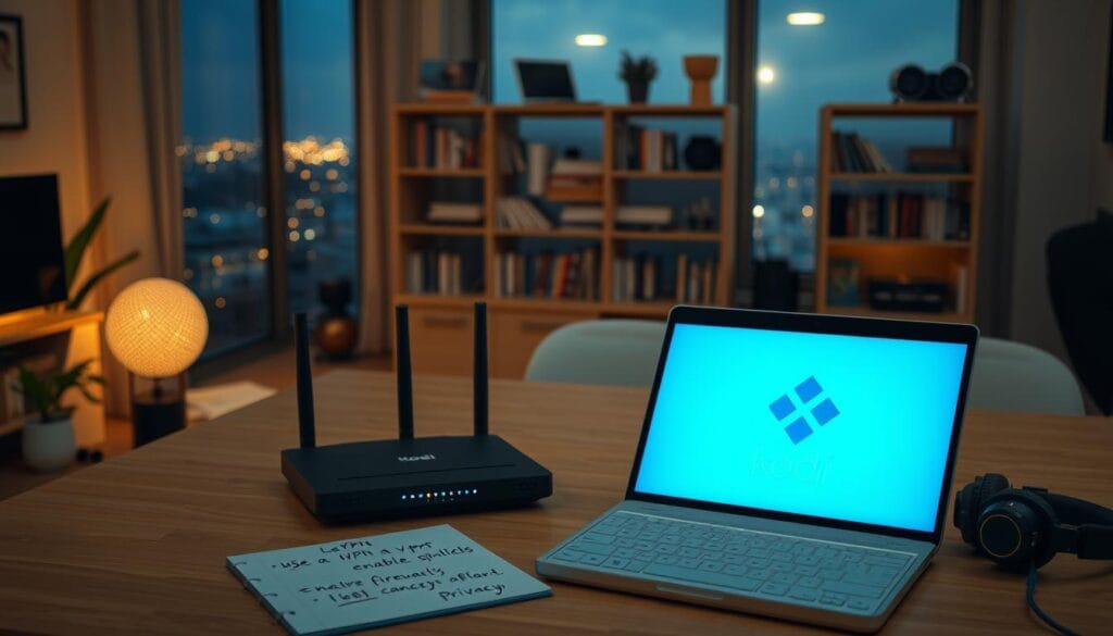 A modern home office setting showcasing a secure Kodi IPTV streaming environment. In the foreground, a sleek laptop displays the Kodi interface, glowing softly in the dim light. Nearby, a high-tech VPN router sits, its lights flickering to indicate secure connection, while a ledger pad shows notes on security practices like "use a VPN," and "enable firewalls." In the middle ground, an organized desk features privacy-enhancing tools like a webcam cover and a pair of noise-canceling headphones. The background includes a cozy bookshelf filled with tech guides and a large window revealing a tranquil evening ambiance with city lights twinkling outside. Soft, warm lighting creates an inviting atmosphere, reflecting professionalism and a commitment to security.