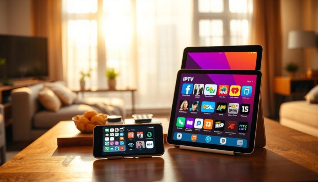 A modern iOS device, featuring an iPhone and an iPad, displayed prominently in the foreground, showcasing vibrant app icons of popular IPTV streaming applications. The middle layer includes a sleek, wooden table surface adorned with a few snacks and a cozy remote control, creating an inviting streaming setup. The background is softly blurred, highlighting a stylish living room environment with warm, ambient lighting, giving a relaxed and tech-savvy atmosphere. A large window casts gentle sunlight, enhancing the rich colors of the apps on the screens. The overall mood is engaging and contemporary, ideal for tech enthusiasts exploring streaming options on their devices. A modern iOS device, featuring an iPhone and an iPad, displayed prominently in the foreground, showcasing vibrant app icons of popular IPTV streaming applications. The middle layer includes a sleek, wooden table surface adorned with a few snacks and a cozy remote control, creating an inviting streaming setup. The background is softly blurred, highlighting a stylish living room environment with warm, ambient lighting, giving a relaxed and tech-savvy atmosphere. A large window casts gentle sunlight, enhancing the rich colors of the apps on the screens. The overall mood is engaging and contemporary, ideal for tech enthusiasts exploring streaming options on their devices.