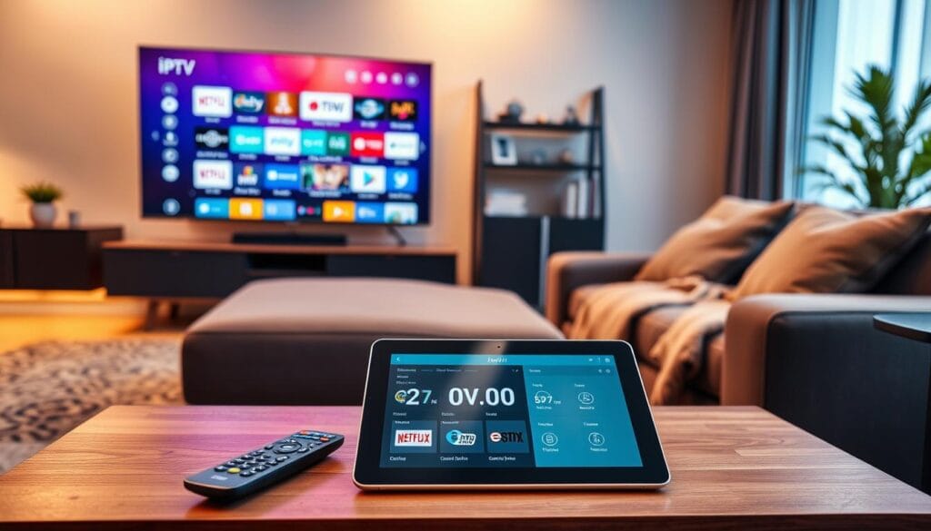 A modern living room scene featuring a sleek television displaying a colorful IPTV playlist interface filled with channel logos and program titles. In the foreground, a stylish coffee table with a remote control and a tablet with an EPG (Electronic Program Guide) interface is showcased, featuring an interactive timeline and channel information. The middle of the image includes a comfortable couch with a cozy throw blanket, inviting viewers to relax and watch. In the background, warm ambient lighting enhances the atmosphere, casting a soft glow that suggests a homey yet tech-savvy environment. Use a wide-angle lens to capture the entire scene, with a focus on the details of the IPTV integration, conveying a sense of technology meeting everyday life.