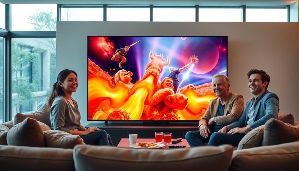 A modern living room setting featuring a large, sleek flat-screen TV displaying vibrant 4K visuals related to Pulse IPTV. In the foreground, a cozy couch with plush cushions is occupied by a diverse group of three individuals—a young woman in smart casual clothing, an older man in a business suit, and a young man in a stylish casual outfit. They are engrossed in the TV experience, with expressions of excitement and satisfaction. The middle ground shows a coffee table with snacks and drinks, and a remote control that hints at user interaction. In the background, large windows let in natural light, illuminating the space and creating a warm, inviting atmosphere. The scene conveys a sense of enjoyment and community in 4K streaming entertainment.