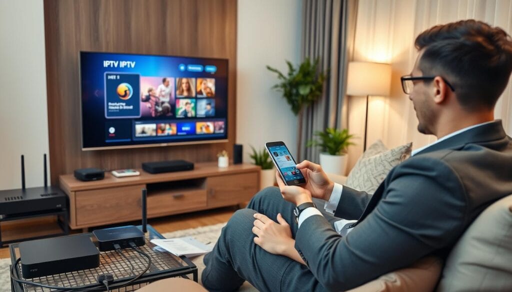 A modern living room setting with a sleek television displaying an IPTV user interface, surrounded by various devices like a streaming box, a router, and remote controls. In the foreground, a person in smart-casual attire is seated on a comfortable sofa, attentively configuring the IPTV system on a smartphone or tablet. The middle layer includes soft pillows and a decorative coffee table with cable connections and setup manuals. The background features a cozy atmosphere with warm lighting, soft-focussed curtains, and a few decorative plants. The lens used captures the scene from a slightly elevated angle, conveying a sense of engagement and focus. The mood is inviting and tech-savvy, emphasizing ease of use in setting up the IPTV service. A modern living room setting with a sleek television displaying an IPTV user interface, surrounded by various devices like a streaming box, a router, and remote controls. In the foreground, a person in smart-casual attire is seated on a comfortable sofa, attentively configuring the IPTV system on a smartphone or tablet. The middle layer includes soft pillows and a decorative coffee table with cable connections and setup manuals. The background features a cozy atmosphere with warm lighting, soft-focussed curtains, and a few decorative plants. The lens used captures the scene from a slightly elevated angle, conveying a sense of engagement and focus. The mood is inviting and tech-savvy, emphasizing ease of use in setting up the IPTV service.